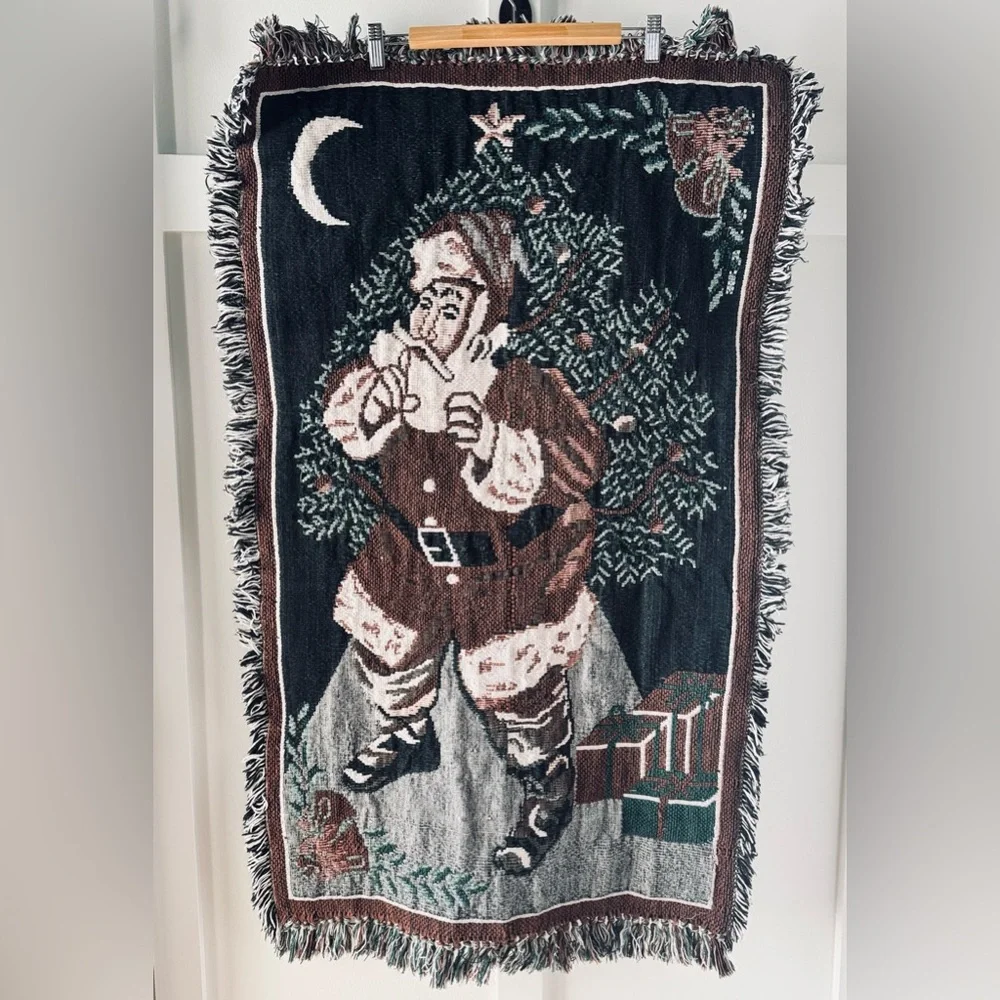 Vintage Heavy Knit Green Browns Santa 🎅Christmas Wall Hanging & Throw 29